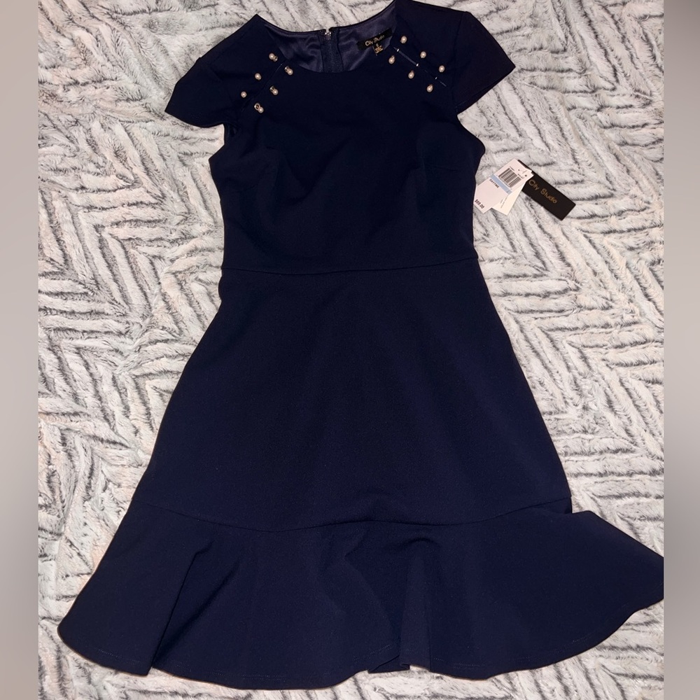 City Studio Navy Dress with Pearl Detail
